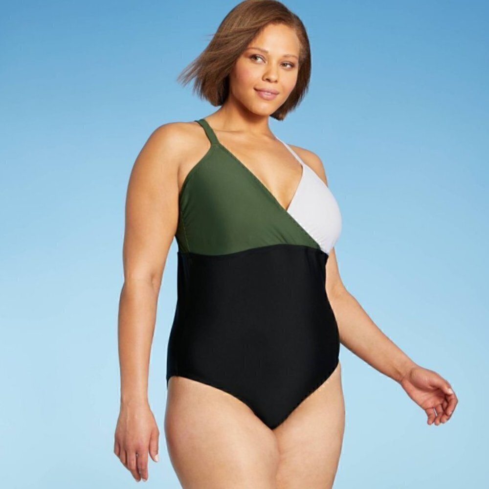 Kono Sol One Piece Swimsuit Wrap-Front Color block Built in Bra Full Coverage